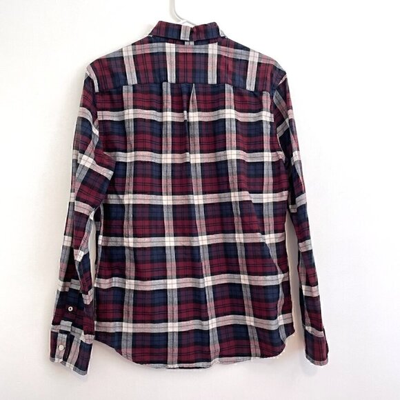 AMERICAN EAGLE Mens Classic Fit Burgundy Red Navy Plaid Long Sleeve Button Down - Picture 11 of 13